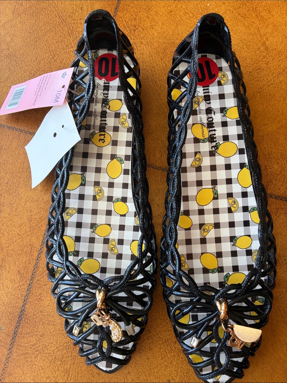 Juicy Couture Black Braided Pointed Flats with Lemon Print Insole (waterproof!)